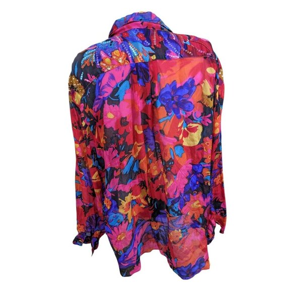 Vintage Judith Ann Plus Silk Button Tunic Blouse Sheer Plus 3X Embellished Bold - Picture 6 of 9